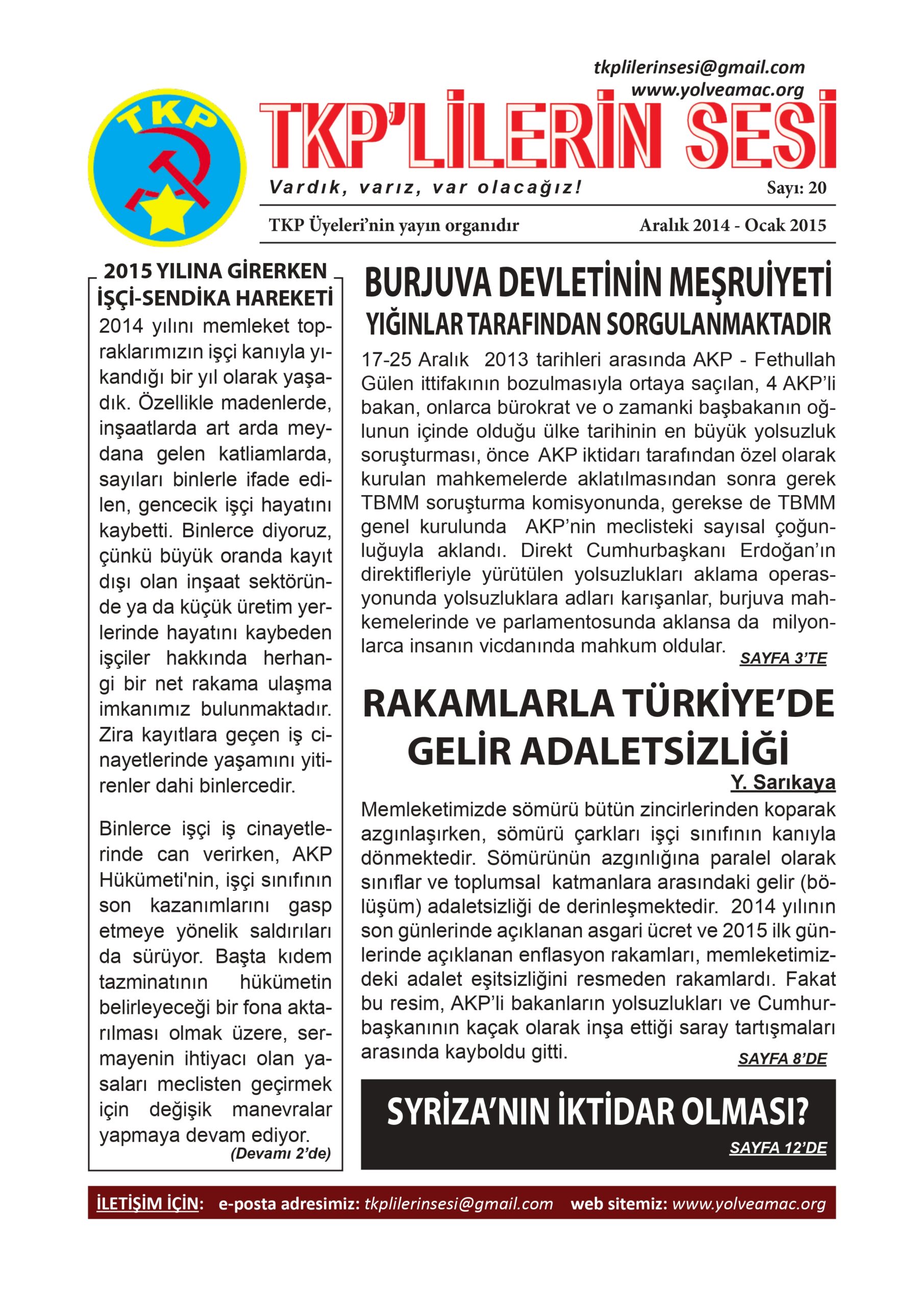 TKP'LİLERİN SESİ 20. Sayı Kapağı